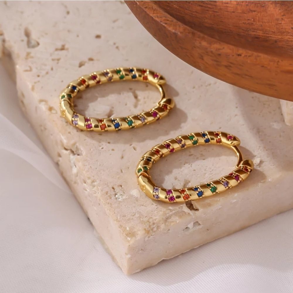 Free People Gold Oval Rainbow Huggie Hoop Earrings Multicolor Cubic Zirconia - Picture 3 of 8